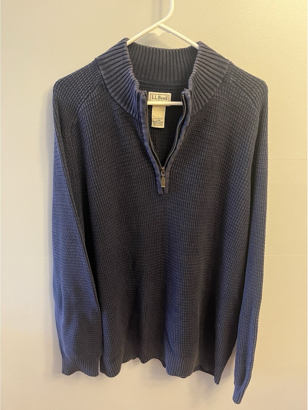 LL Bean Chunky Organic Cotton 1/4 Zip Sweater Mens L Blue Knit Pullover Heavy